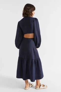 Seed Heritage Dresses-Linen Knot Front Midi Dress Midnight Sky