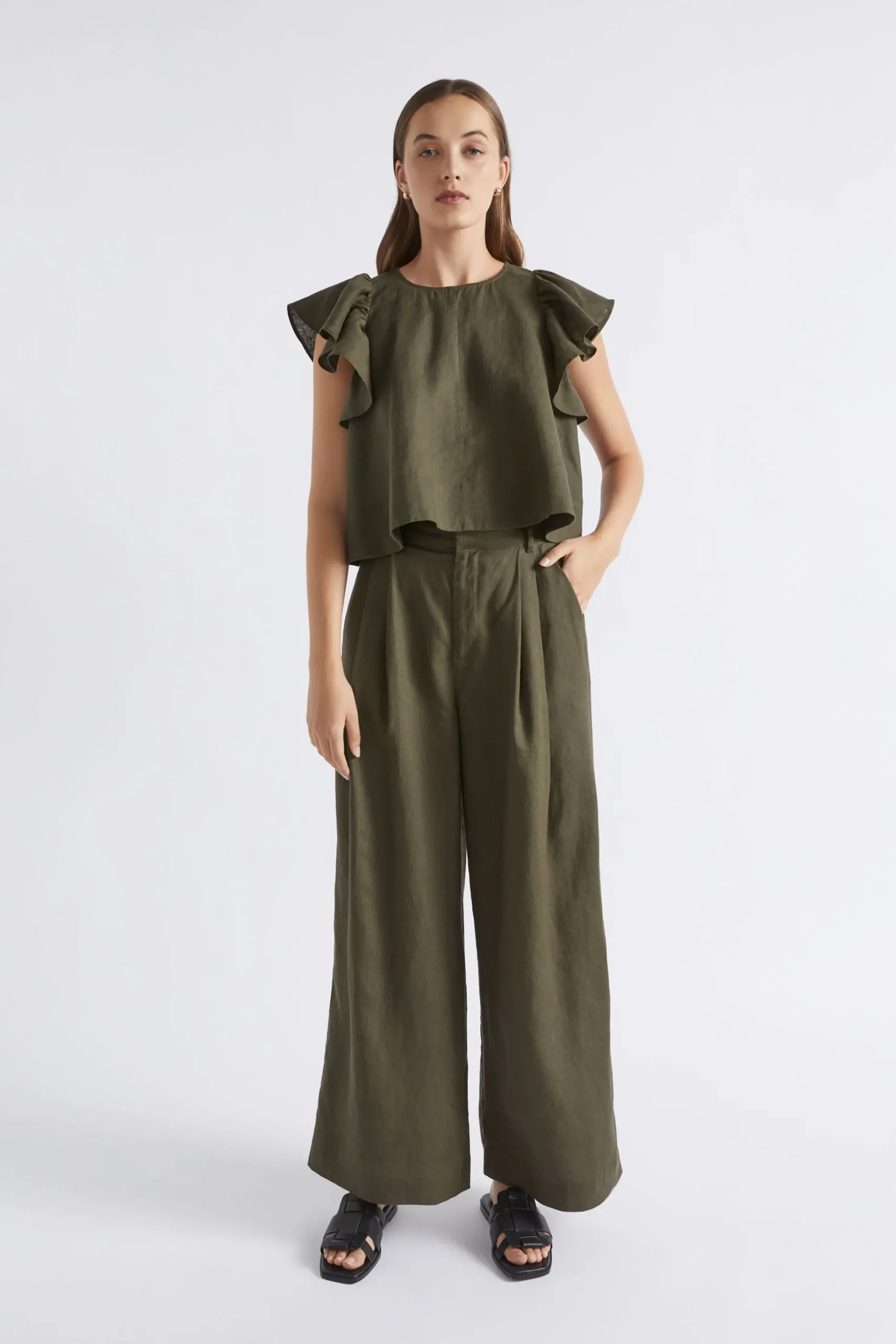 Seed Heritage Pants-Linen Palazzo Pant Dark Fern