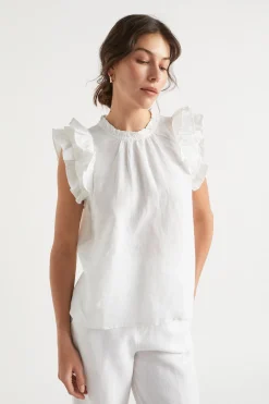 Seed Heritage T-Shirts & Tops-Linen Ruffle Sleeve Top Whisper White