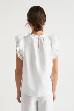 Seed Heritage T-Shirts & Tops-Linen Ruffle Sleeve Top Whisper White