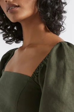 Seed Heritage Dresses-Linen Square Neck Mini Dress Dark Fern