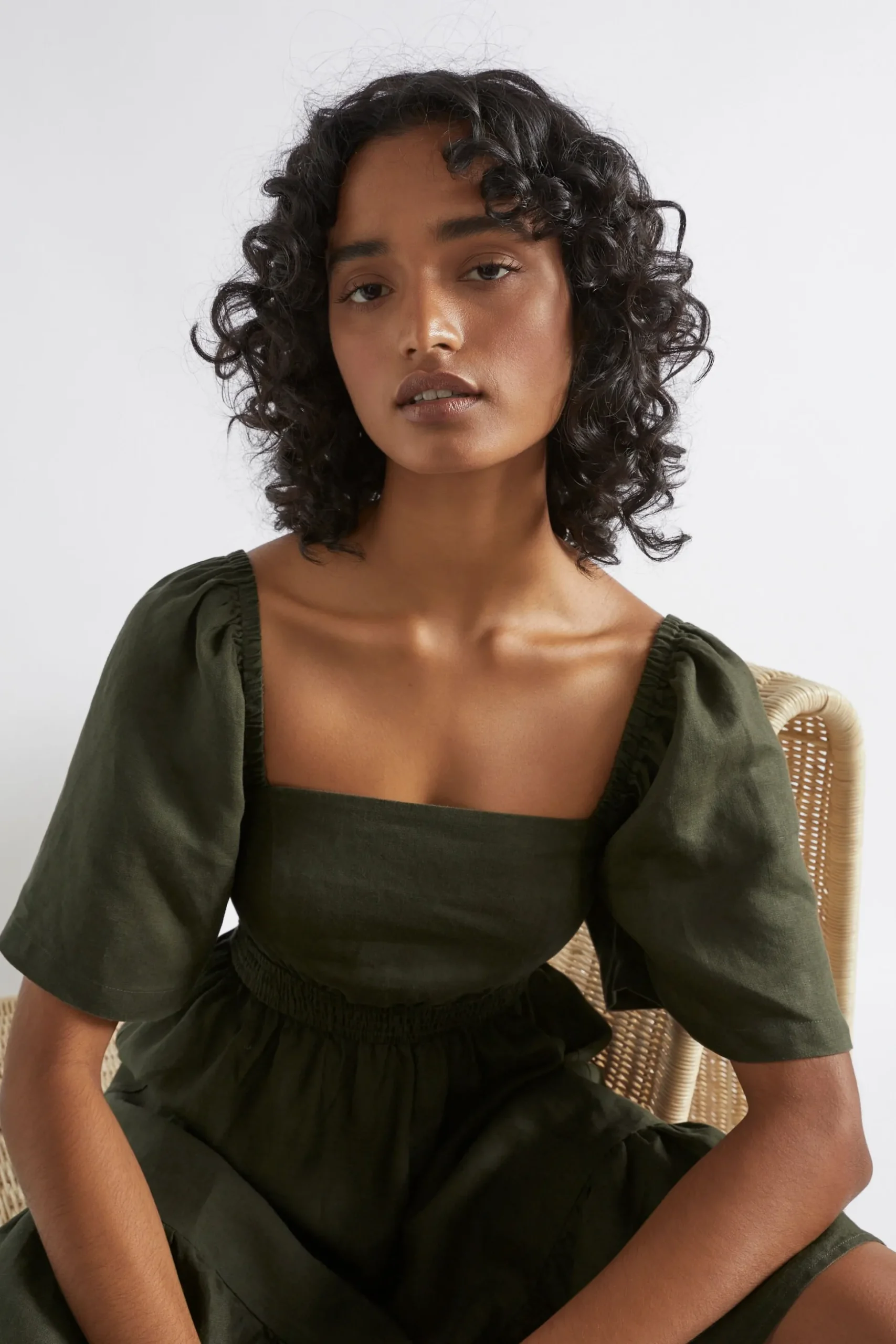 Seed Heritage Dresses-Linen Square Neck Mini Dress Dark Fern