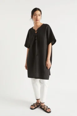 Seed Heritage Scarves & Kaftans-Linen Tie Up Kaftan Black