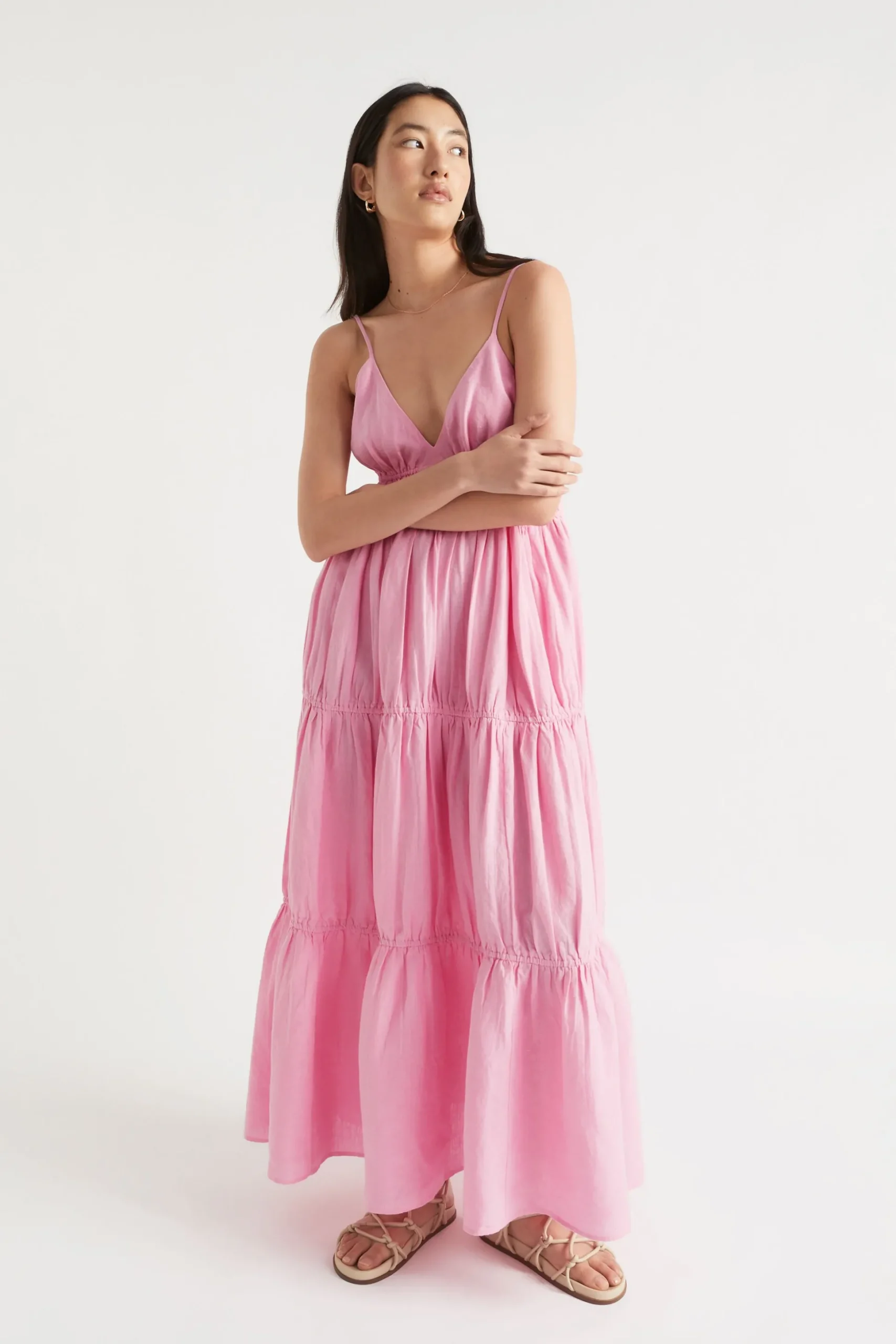 Seed Heritage Dresses-Linen Tiered Maxi Dress Soft Orchid