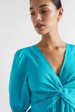 Seed Heritage Dresses-Linen Twist Front Mini Dress Peacock Blue