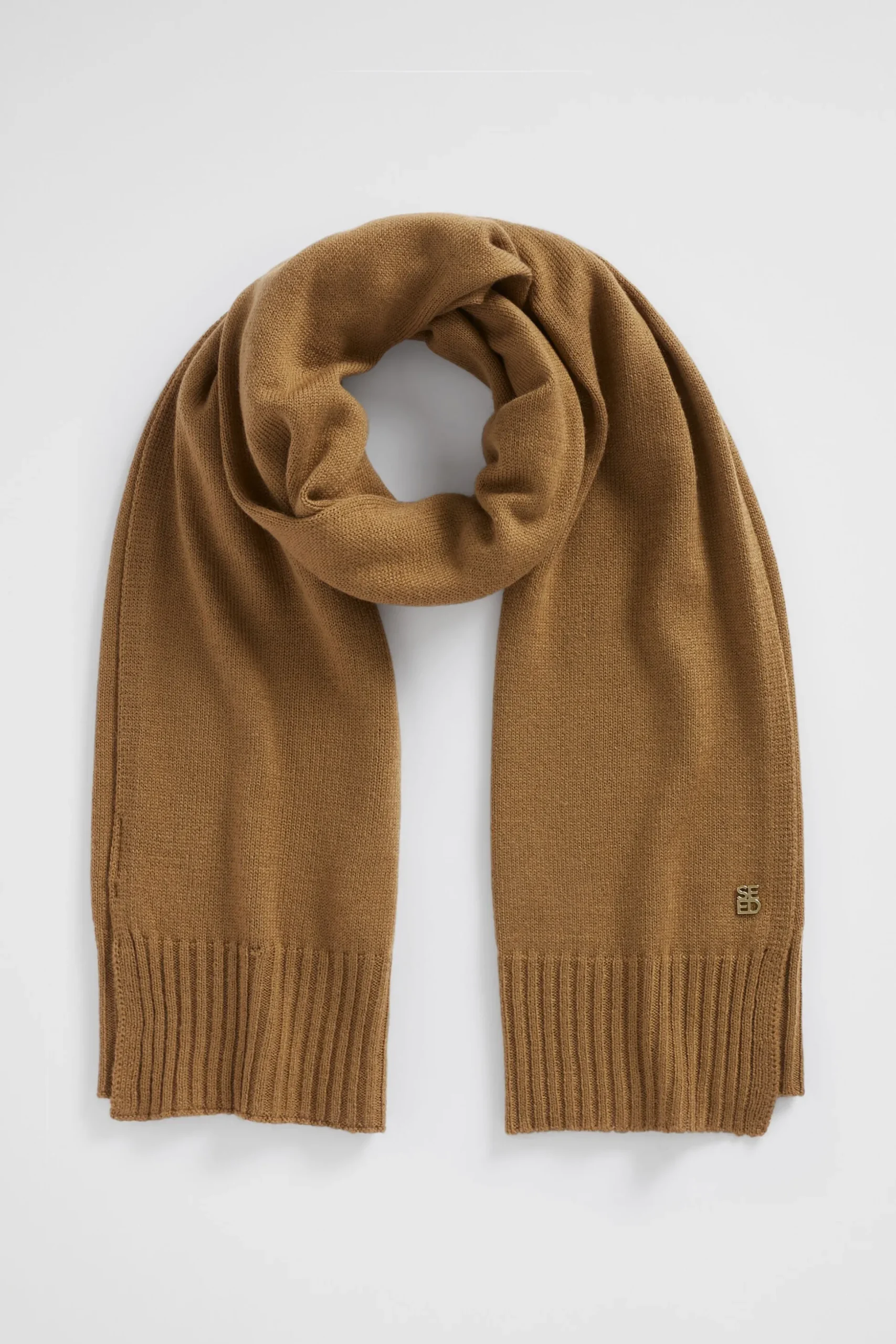 Seed Heritage Scarves & Kaftans-Logo Detail Wool Scarf Deep Brass