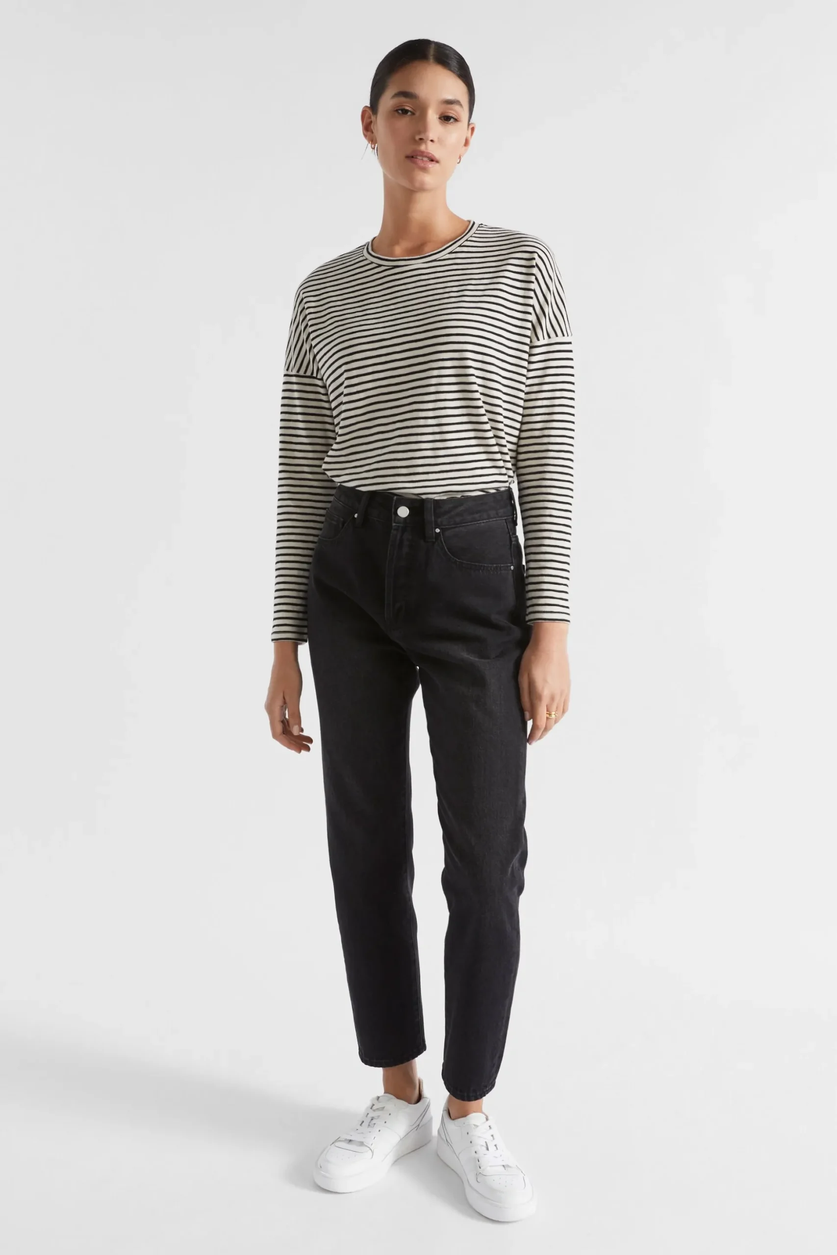 Seed Heritage T-Shirts & Tops-Long Sleeve Stripe Top Black Vanilla Stripe