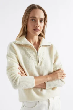 Seed Heritage Knitwear & Sweaters-Merino Wool Zip Through Knit Cloud Cream