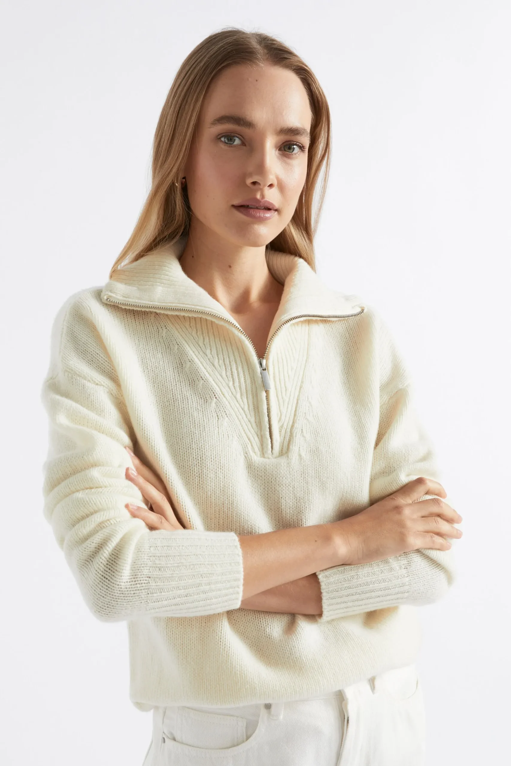 Seed Heritage Knitwear & Sweaters-Merino Wool Zip Through Knit Cloud Cream