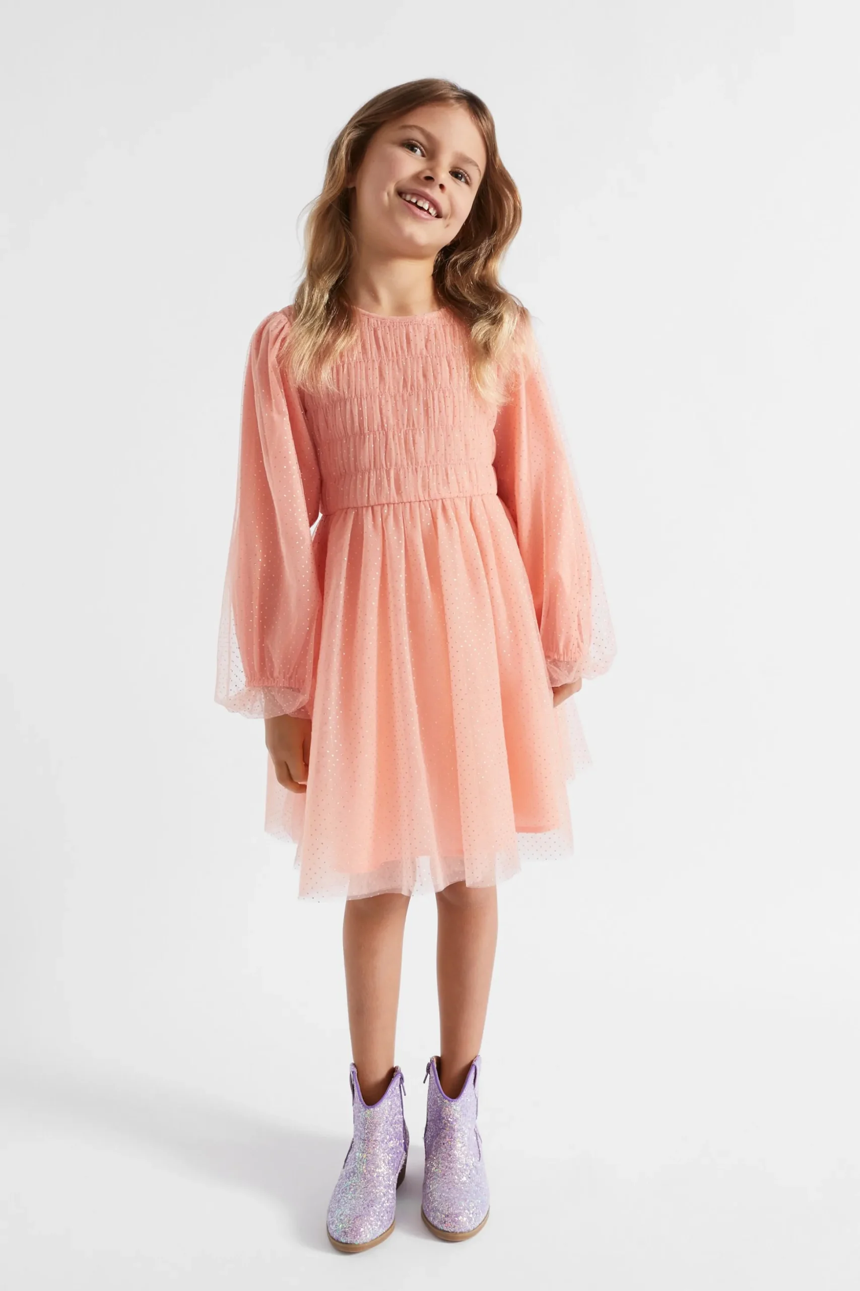 Seed Heritage Dresses-Metallic Pinspot Dress Soft Coral