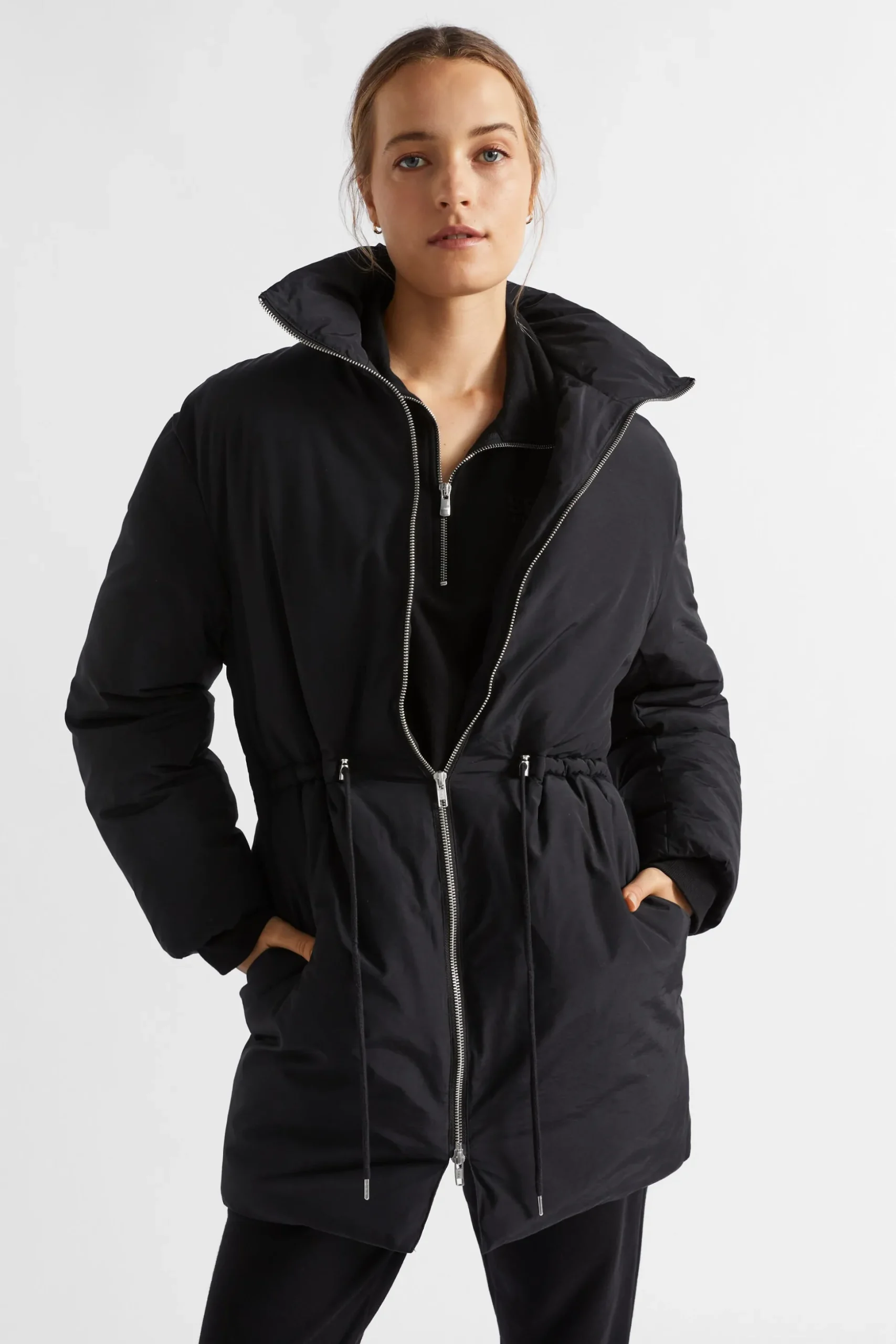 Seed Heritage Jackets & Vests-Minimalist Mid Length Puffer Jacket Black
