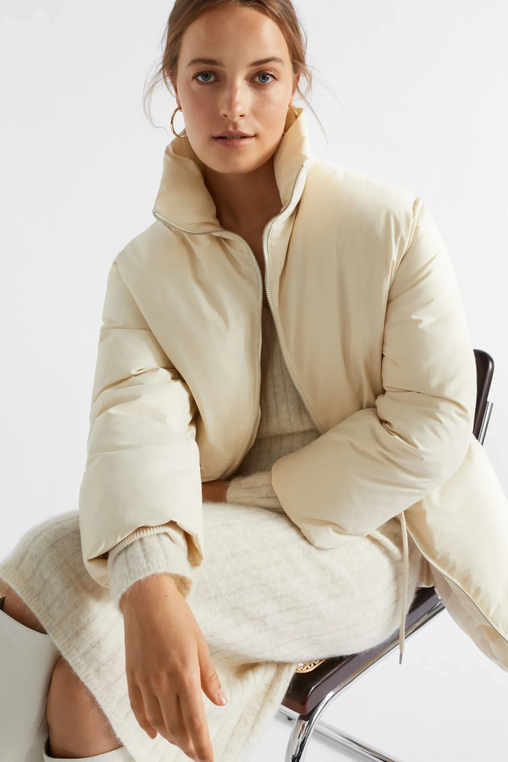 Seed Heritage Jackets & Vests-Minimalist Mid Length Puffer Jacket Vanilla Cream