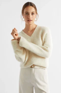 Seed Heritage Knitwear & Sweaters-Mohair V Neck Knit Vanilla Cream Marle