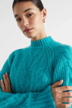 Seed Heritage T-Shirts & Tops-Plait Cable Knit Peacock Blue Twist