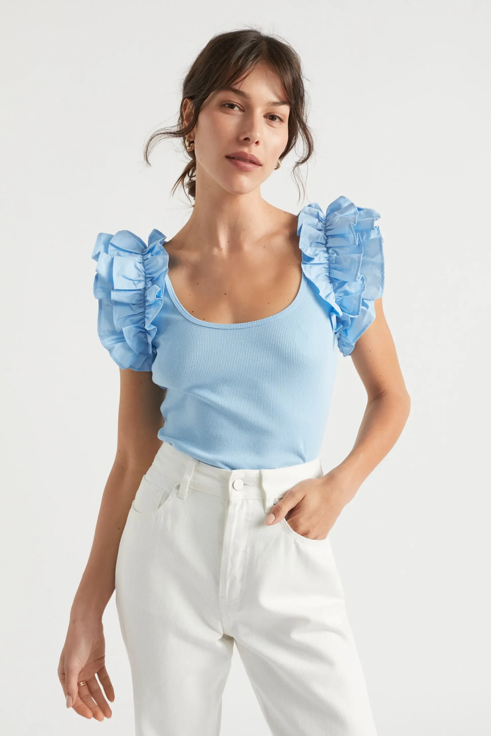 Seed Heritage T-Shirts & Tops-Poplin Ruffle Detail Tank Bluebell