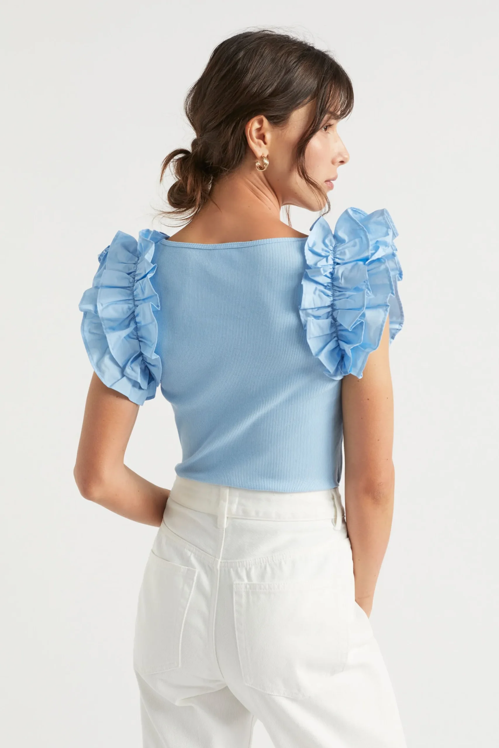 Seed Heritage T-Shirts & Tops-Poplin Ruffle Detail Tank Bluebell