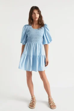 Seed Heritage Dresses-Poplin Shirred Mini Dress Bluebell