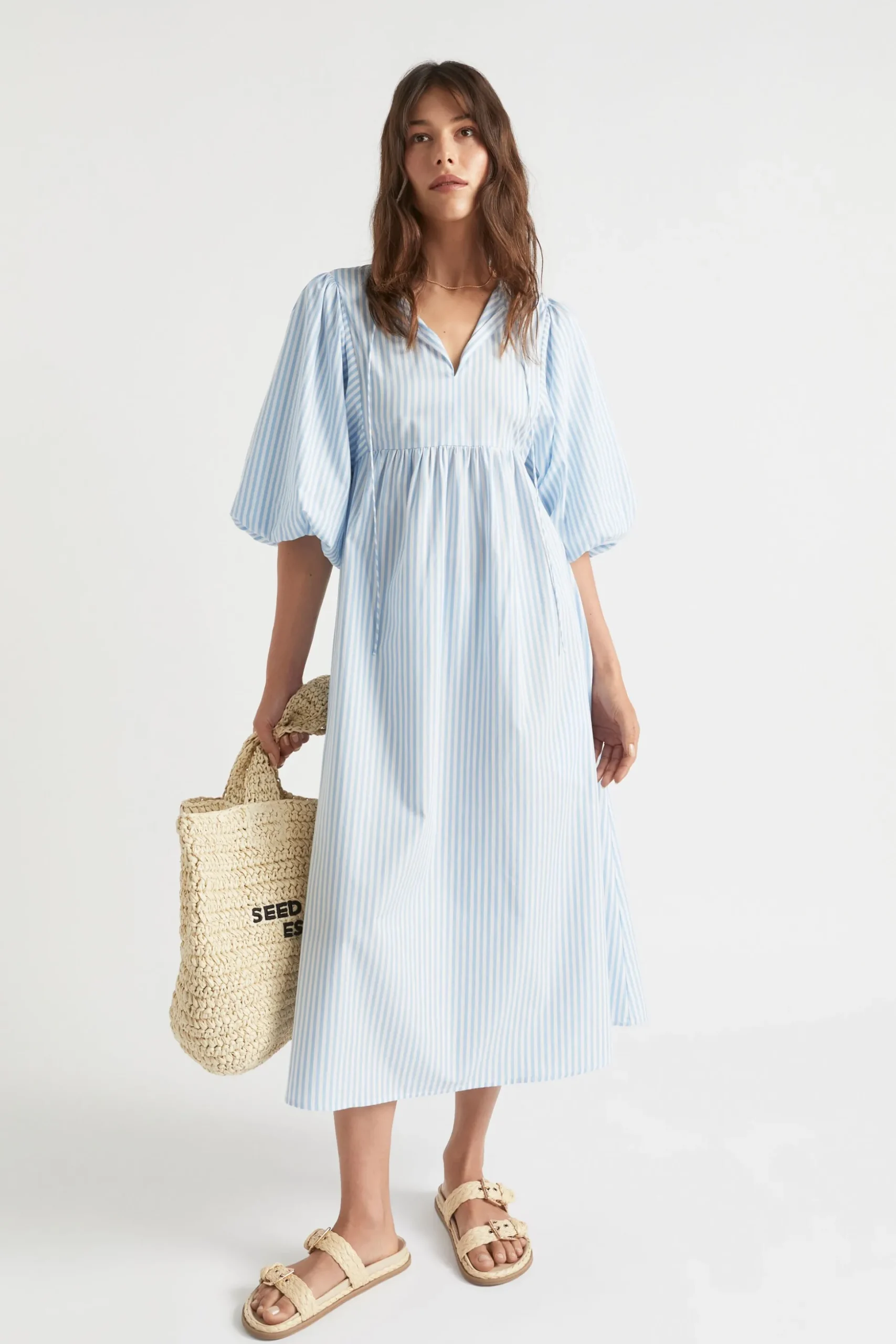 Seed Heritage Dresses-Poplin Stripe Pleat Detail Midi Dress Bluebell Stripe