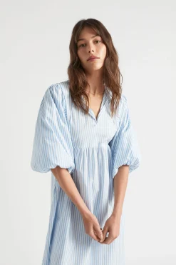 Seed Heritage Dresses-Poplin Stripe Pleat Detail Midi Dress Bluebell Stripe