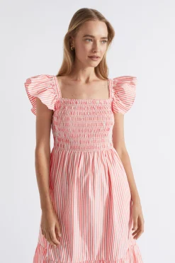 Seed Heritage Dresses-Poplin Stripe Shirred Midi Dress Primrose Stripe