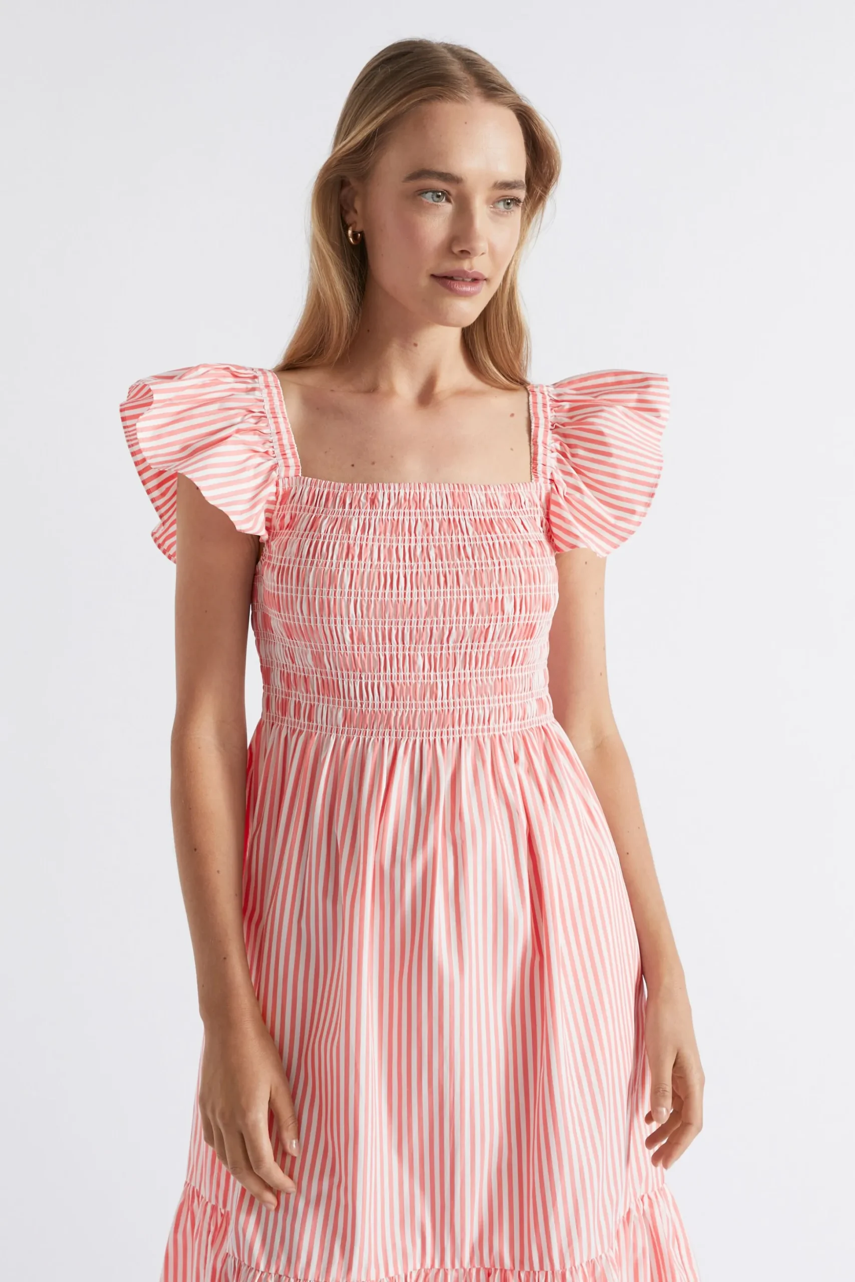 Seed Heritage Dresses-Poplin Stripe Shirred Midi Dress Primrose Stripe