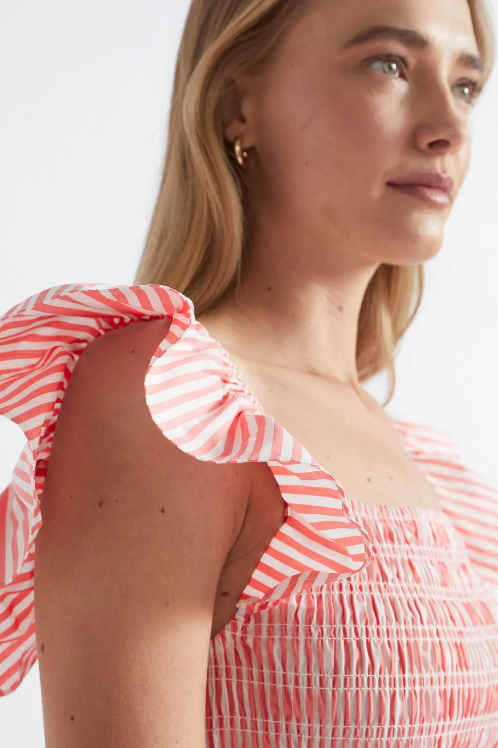Seed Heritage Dresses-Poplin Stripe Shirred Midi Dress Primrose Stripe