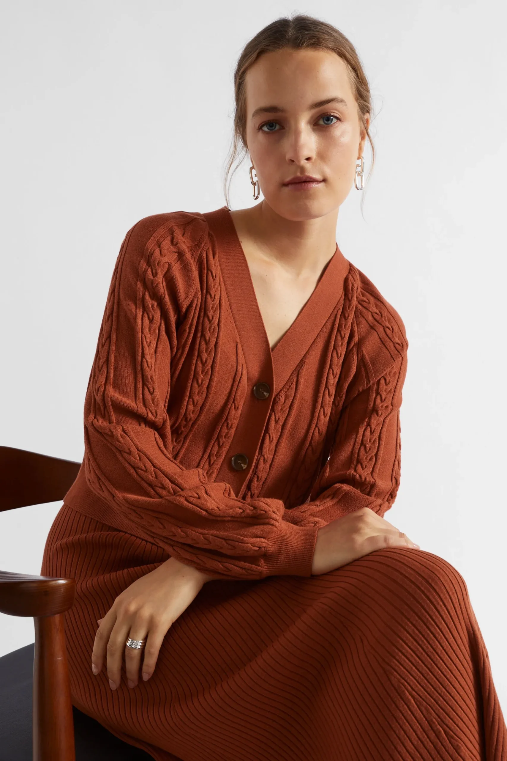 Seed Heritage Knitwear & Sweaters-Relaxed Cable Cardigan Burnt Brick