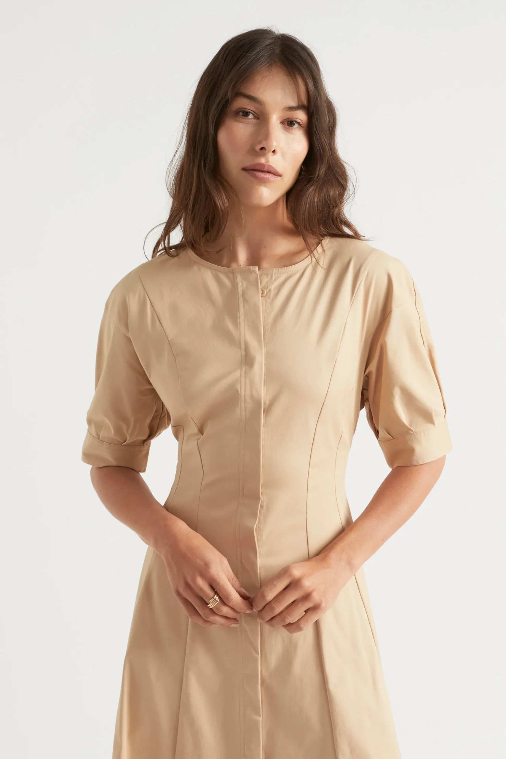 Seed Heritage Dresses-Sateen Full Hem Midi Dress Light Chestnut