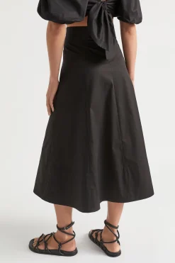 Seed Heritage Skirts-Sateen Panel Midi Skirt Black