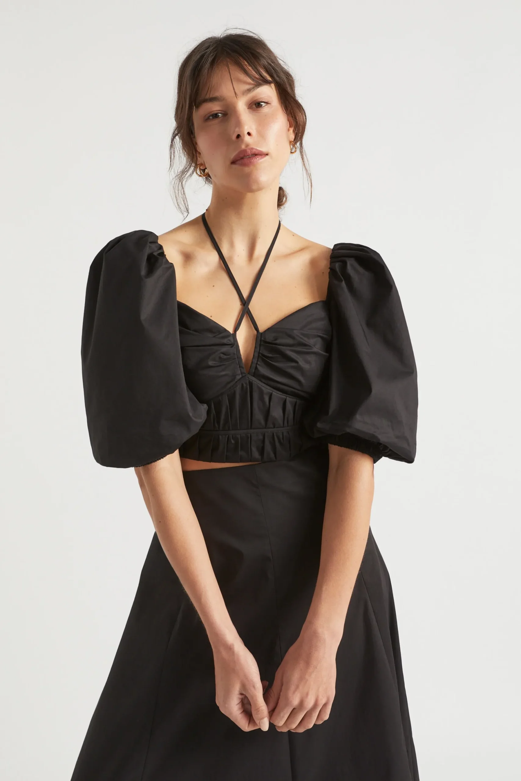 Seed Heritage T-Shirts & Tops-Sateen Tie Neck Top Black