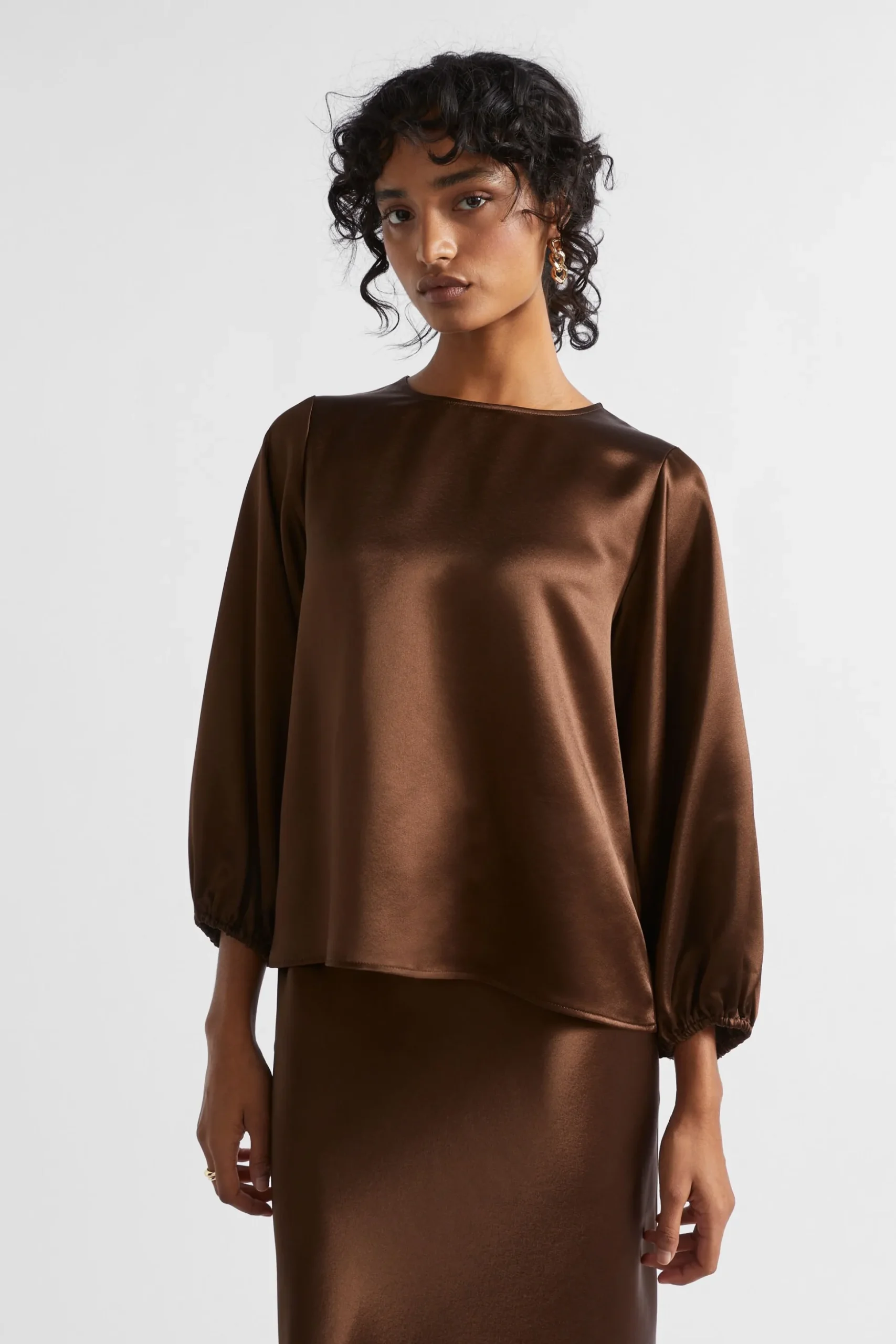 Seed Heritage T-Shirts & Tops-Satin Balloon Sleeve Top Hot Chocolate
