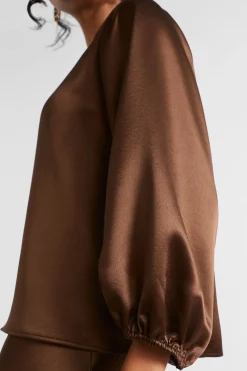 Seed Heritage T-Shirts & Tops-Satin Balloon Sleeve Top Hot Chocolate