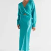 Seed Heritage Skirts-Satin Slip Midi Skirt Peacock Blue