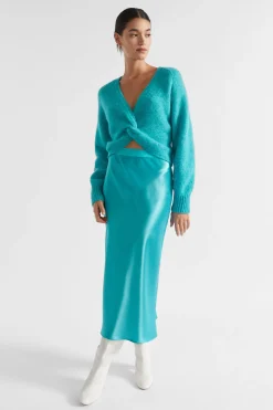 Seed Heritage Skirts-Satin Slip Midi Skirt Peacock Blue