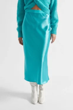 Seed Heritage Skirts-Satin Slip Midi Skirt Peacock Blue