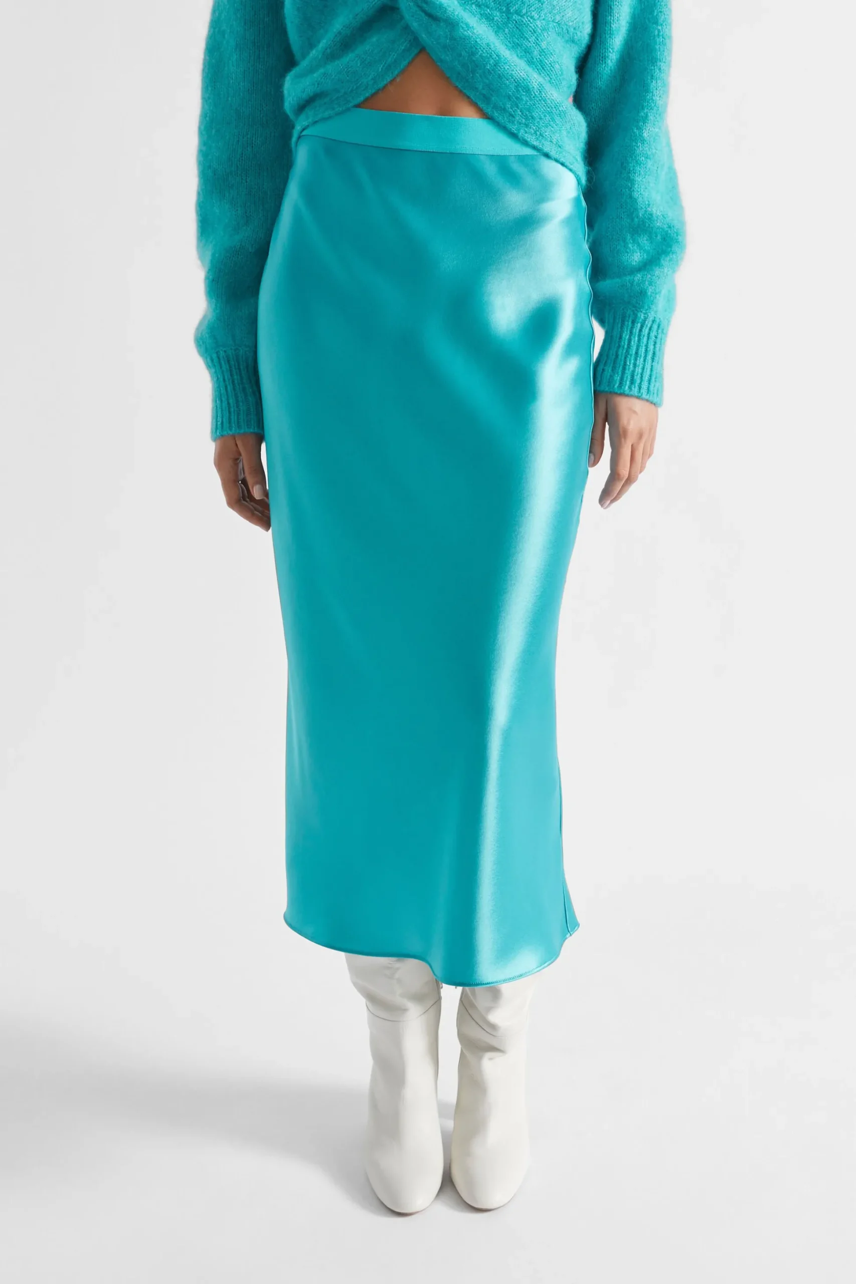 Seed Heritage Skirts-Satin Slip Midi Skirt Peacock Blue