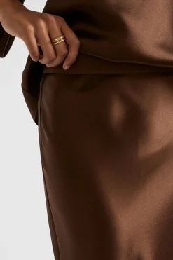 Seed Heritage Skirts-Satin Slip Midi Skirt Hot Chocolate