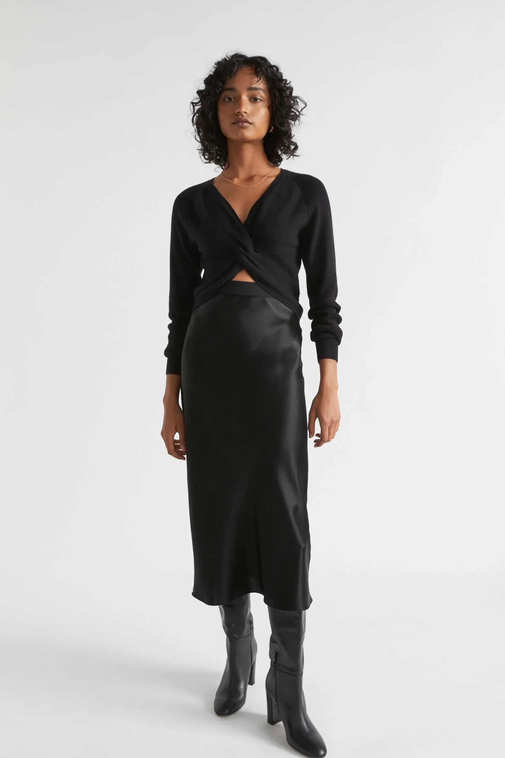 Seed Heritage Skirts-Satin Slip Midi Skirt Black