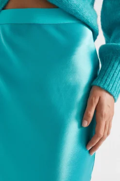 Seed Heritage Skirts-Satin Slip Midi Skirt Peacock Blue