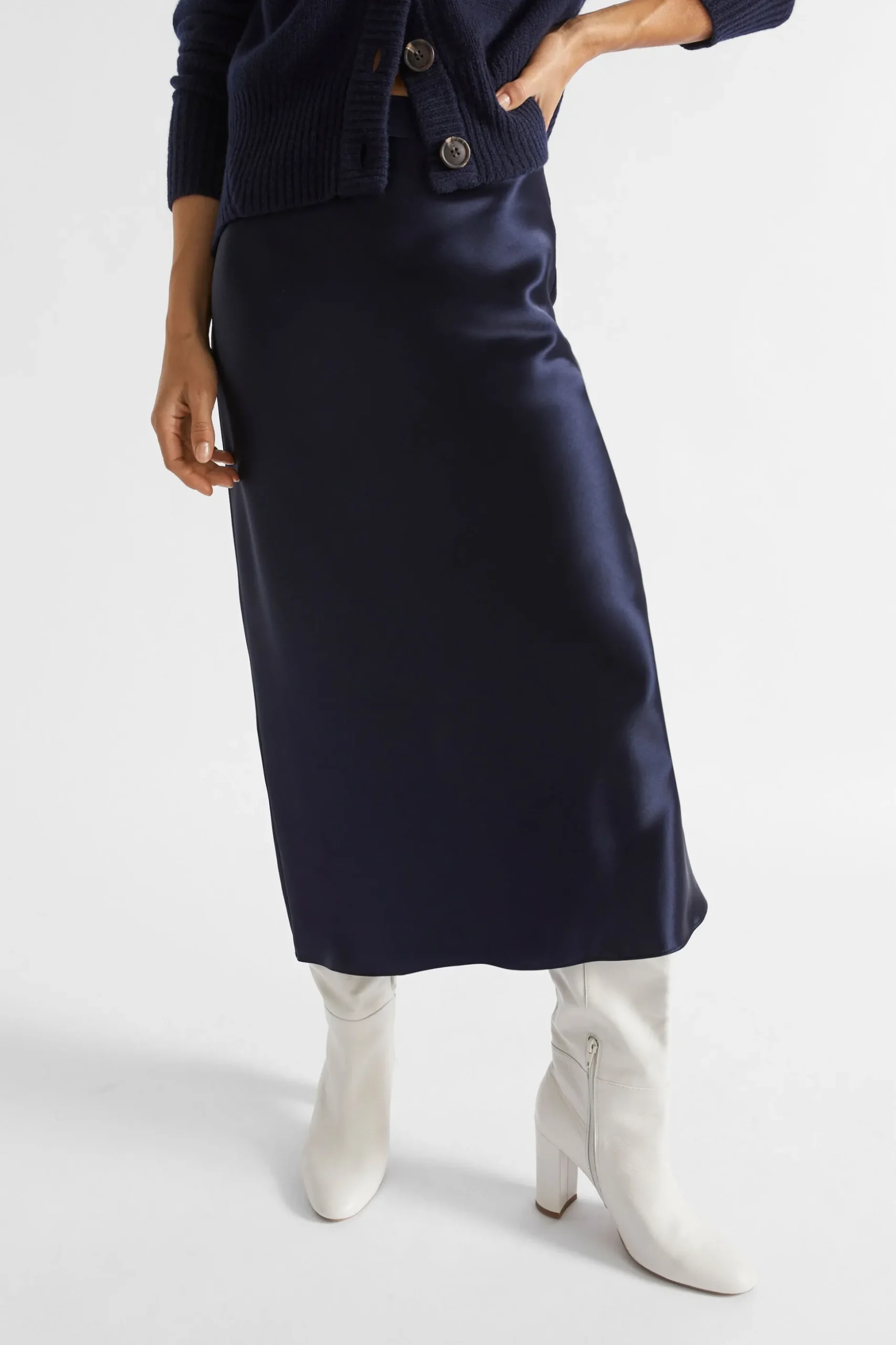 Seed Heritage Skirts-Satin Slip Midi Skirt Midnight Sky