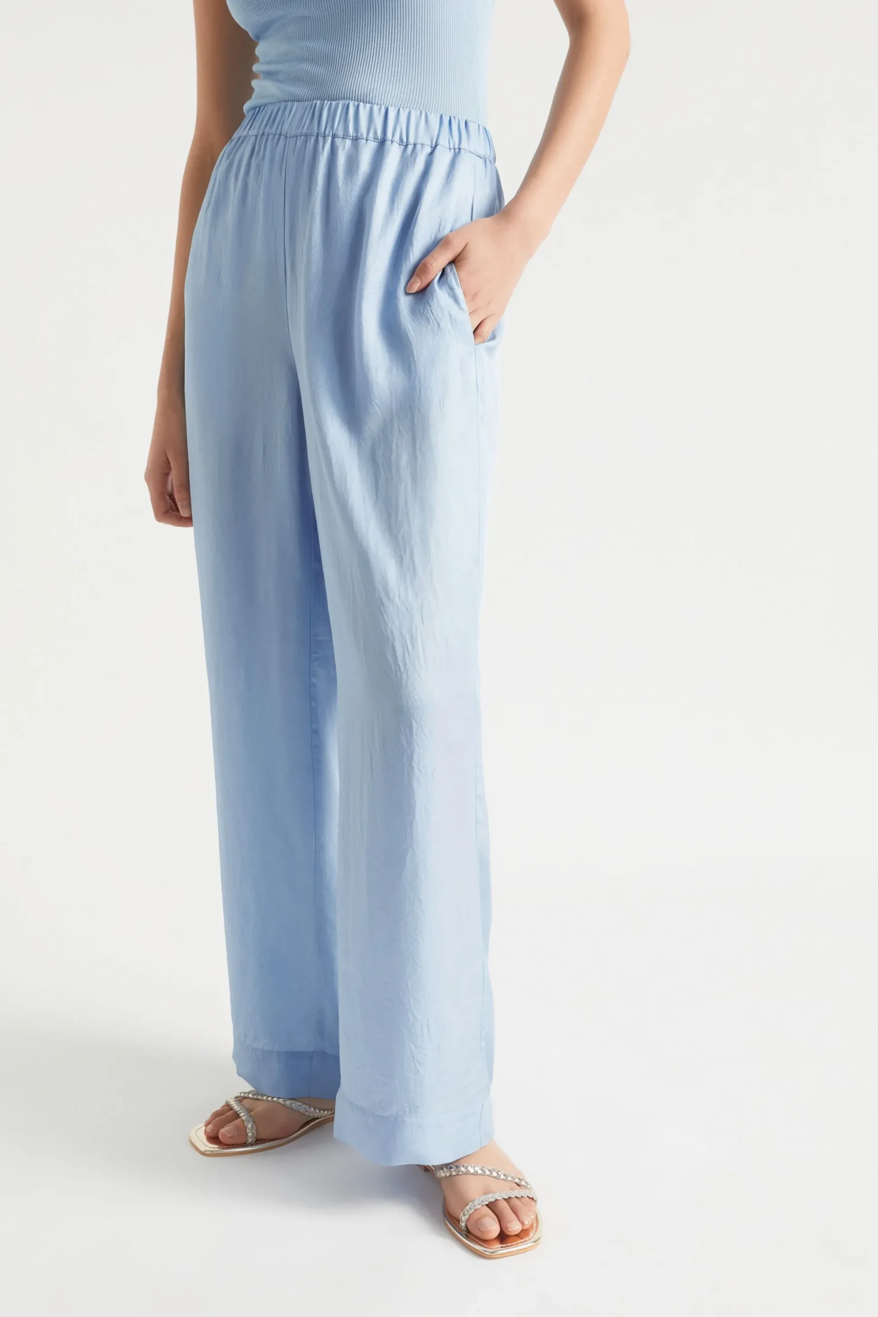 Seed Heritage Pants-Satin Wide Leg Trouser Bluebell