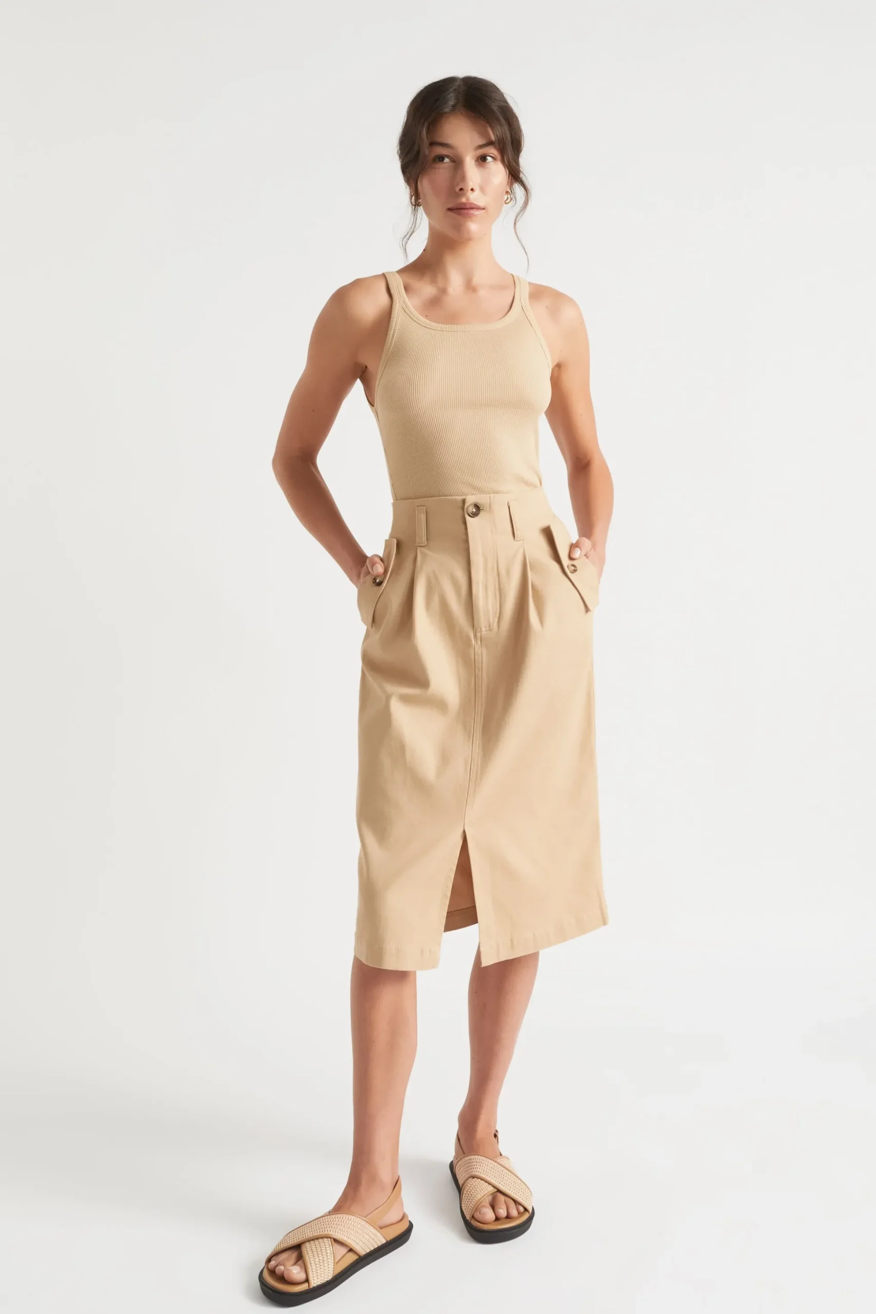Seed Heritage Skirts-Split Front Midi Skirt Light Chestnut