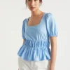 Seed Heritage T-Shirts & Tops-Square Neck Ruched Tee Bluebell