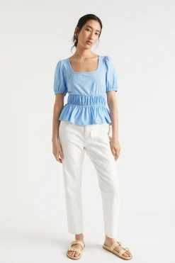 Seed Heritage T-Shirts & Tops-Square Neck Ruched Tee Bluebell