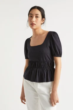 Seed Heritage T-Shirts & Tops-Square Neck Ruched Tee Deep Navy