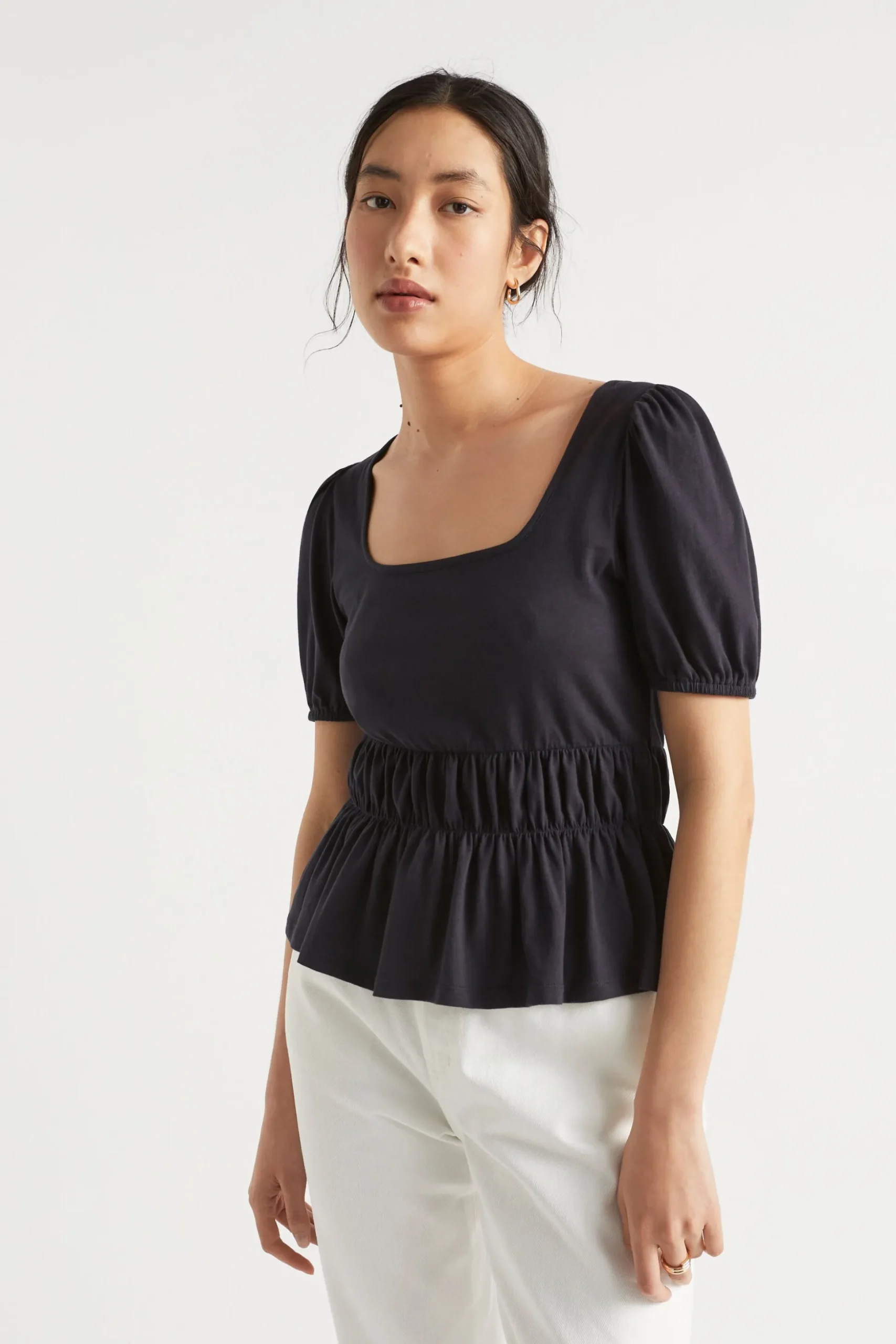Seed Heritage T-Shirts & Tops-Square Neck Ruched Tee Deep Navy