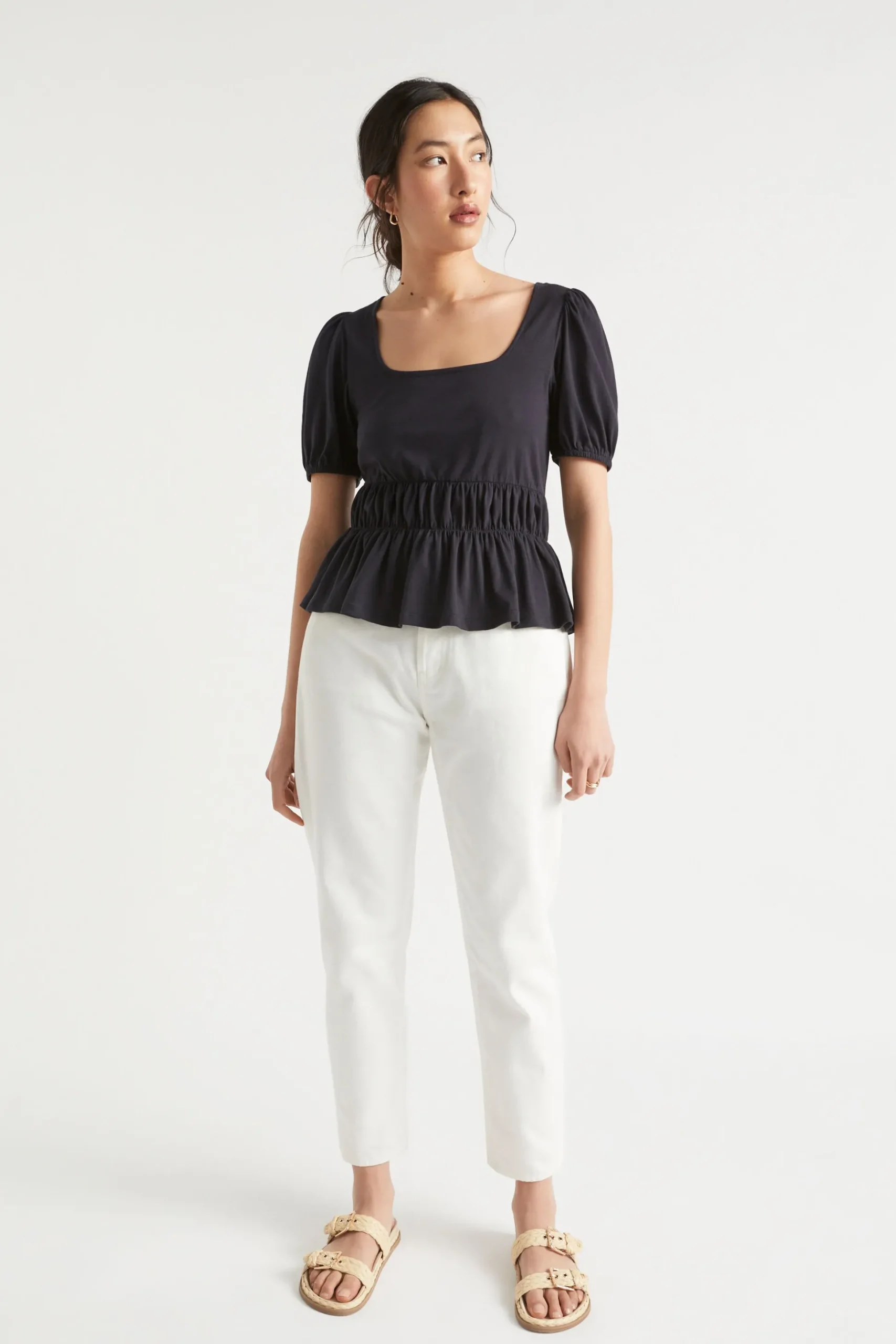 Seed Heritage T-Shirts & Tops-Square Neck Ruched Tee Deep Navy