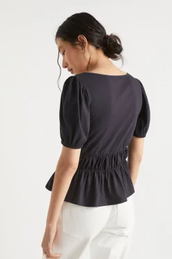 Seed Heritage T-Shirts & Tops-Square Neck Ruched Tee Deep Navy