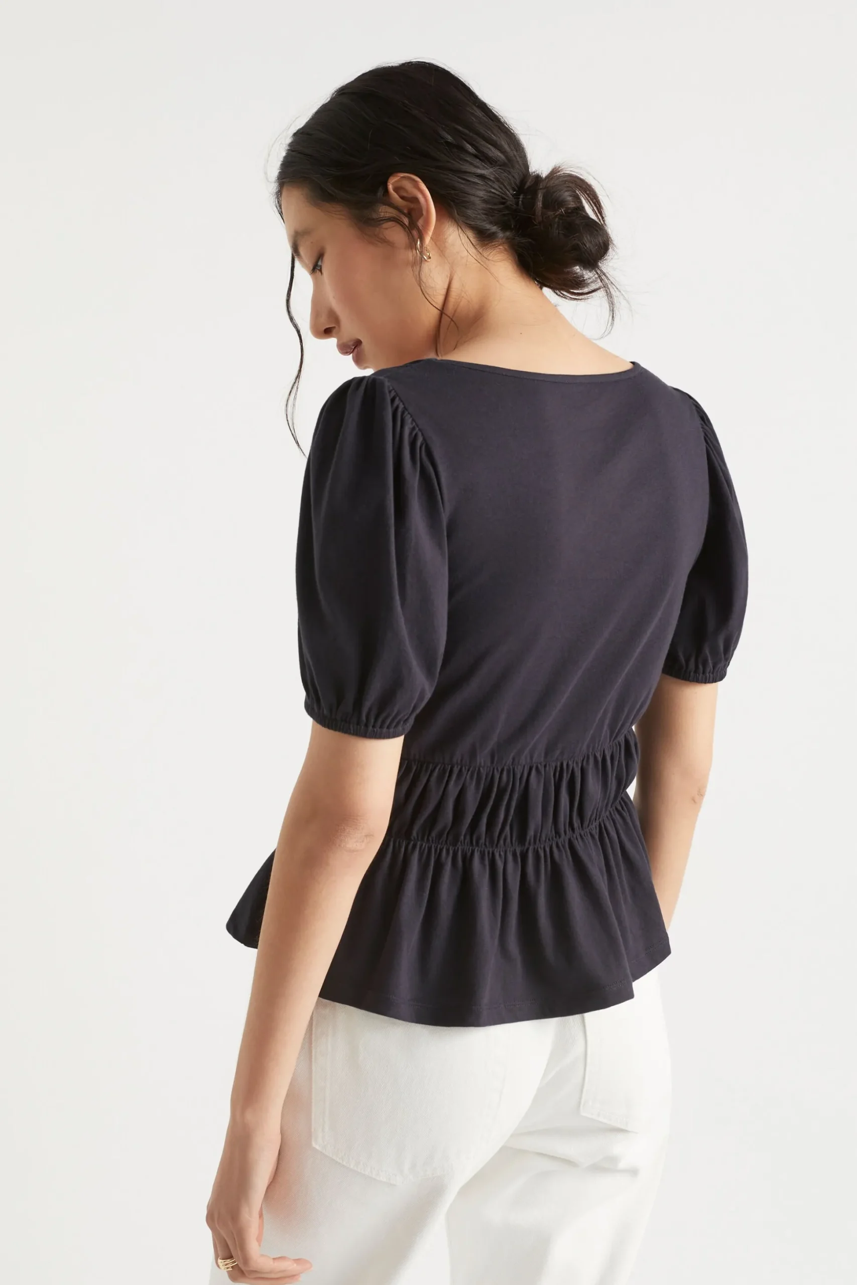 Seed Heritage T-Shirts & Tops-Square Neck Ruched Tee Deep Navy