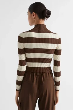 Seed Heritage Knitwear & Sweaters-Stripe Rib Mock Neck Hot Chocolate Stripe